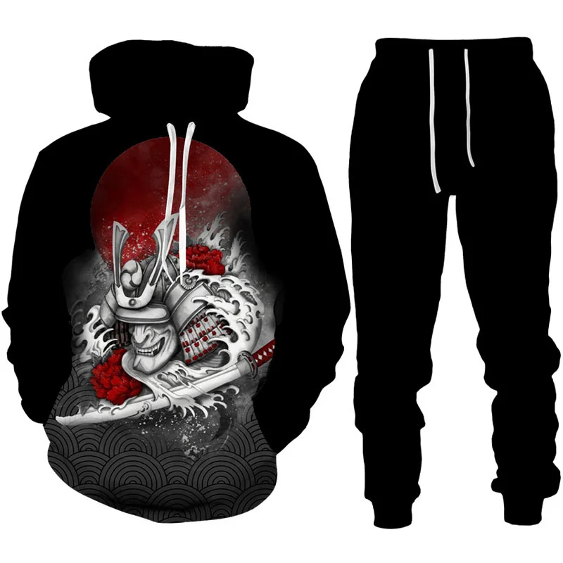 Fashion Cool Samurai Oni Mask Tattoo Art 3D Print Tracksuit Sets Casual Hoodie + Pants 2pcs Sets Man Woman Harajuku Streetwear