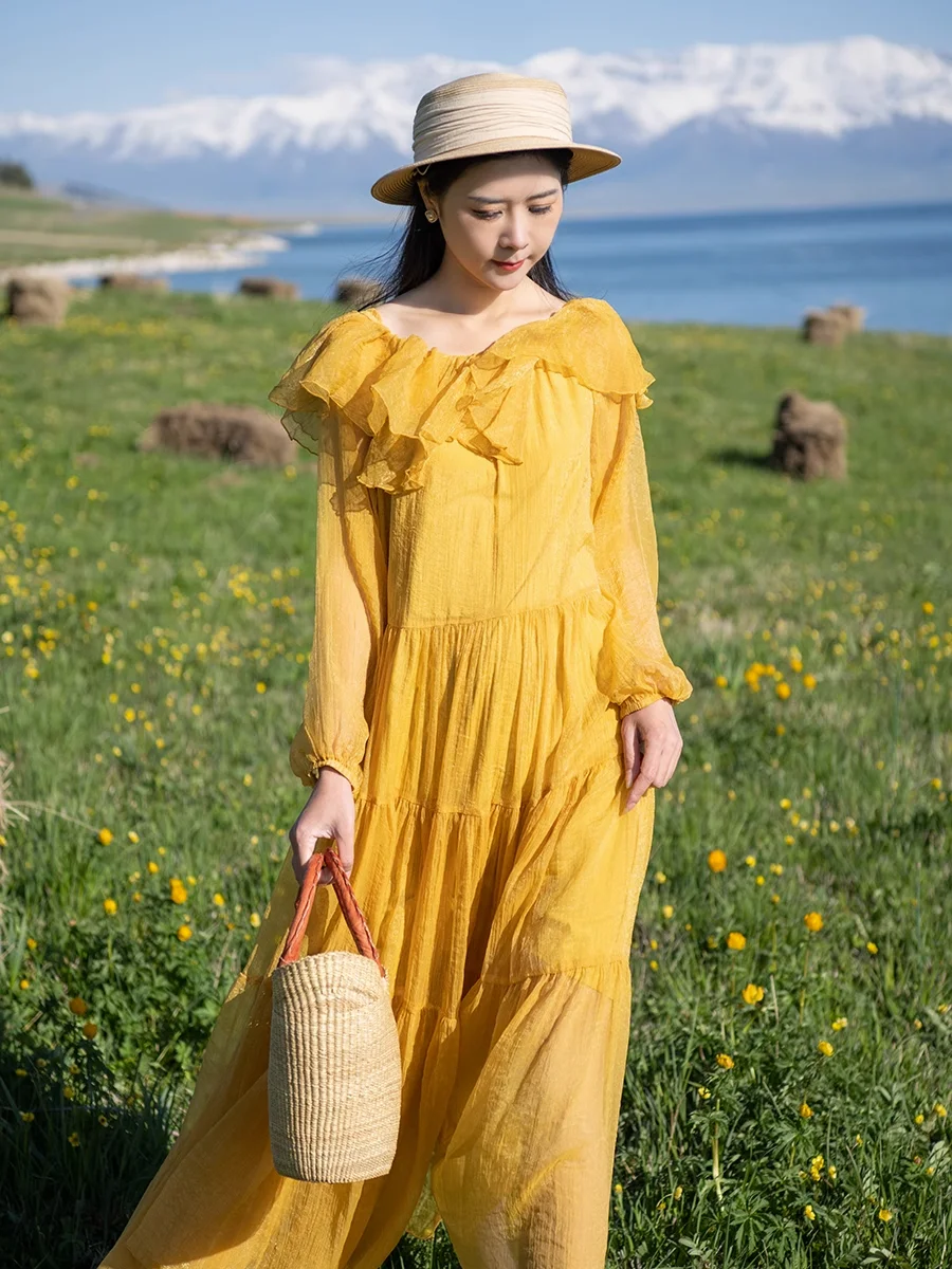 

TIYIHAILEY Free Shipping 2023 Spring Chiffon Summer Women Long Maxi Full Lantern Sleeve Ruffles Yellow Slash Neck Dresses