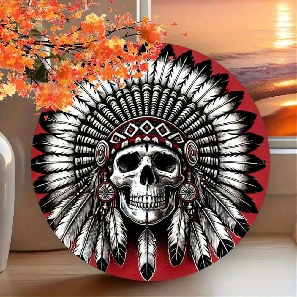 YEAHTECH Vintage Metall-Blechschild, Indianer-Totenkopf, runde Wandkunst-Dekoration für Zuhause, Bar, Café, drinnen und draußen