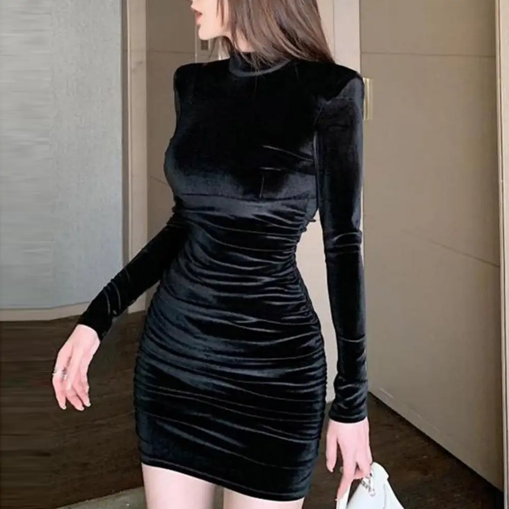 

Thin Fabric Dress Solid Color Women Dress Elegant Retro Mock Collar Mini Dress for Women Spring Fall Pleated Sheath Slim Fit