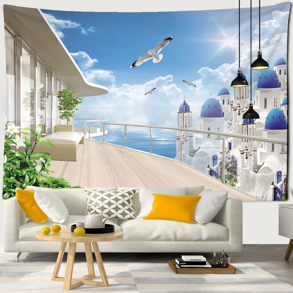 Sea View Castle Seagull Tapestry Wall Hanging Simple Modern Home Bohemian Hippie Art Aesthetics Room Decor