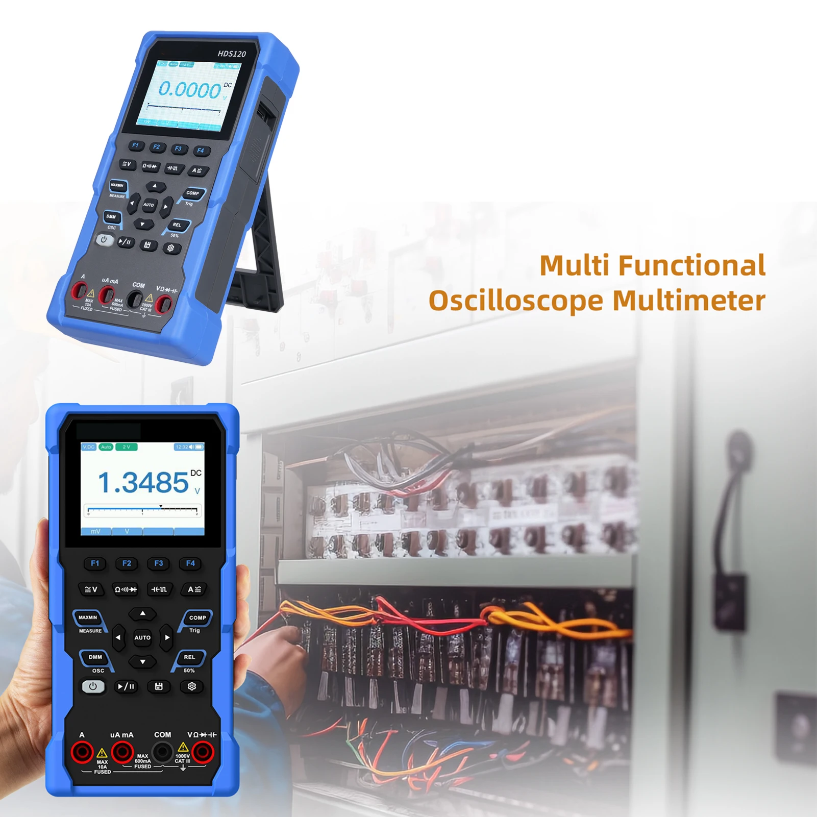 

HDS120 Digital Oscilloscope Multimeter 2-in-1 20000 Counts True RMS Tester 1MHz 5MS/s Automatic Range 2600mAh Lithium Battery