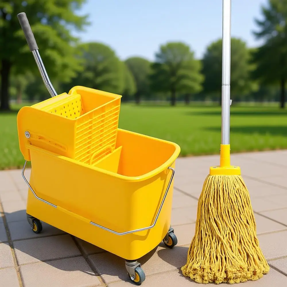 

22-литровое желтое ведро для уборки пола с отжимом и хлопковой шваброй
