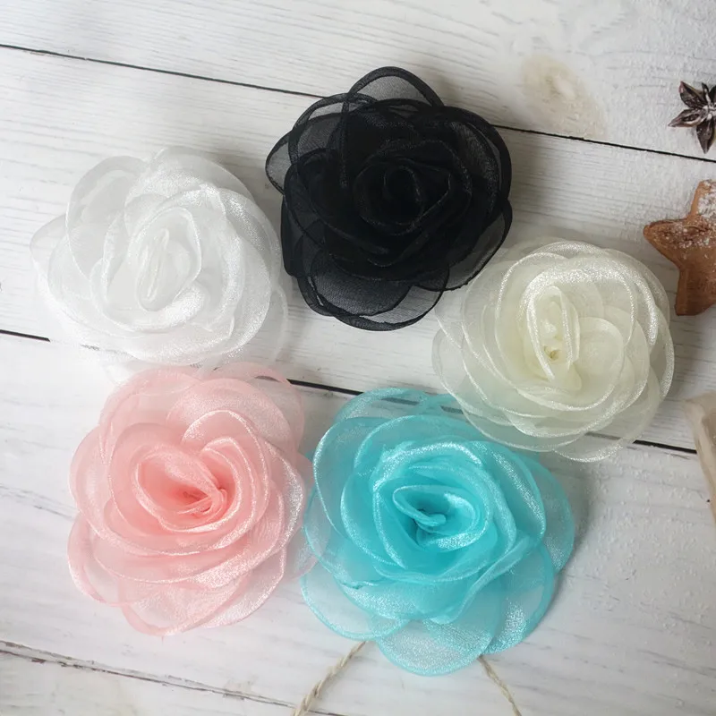 10PCS 8CM Artificial Flowers Head Organza Fabric Hairpin Corsage Wedding Dress Clothing Making Accessories Silk Flowers