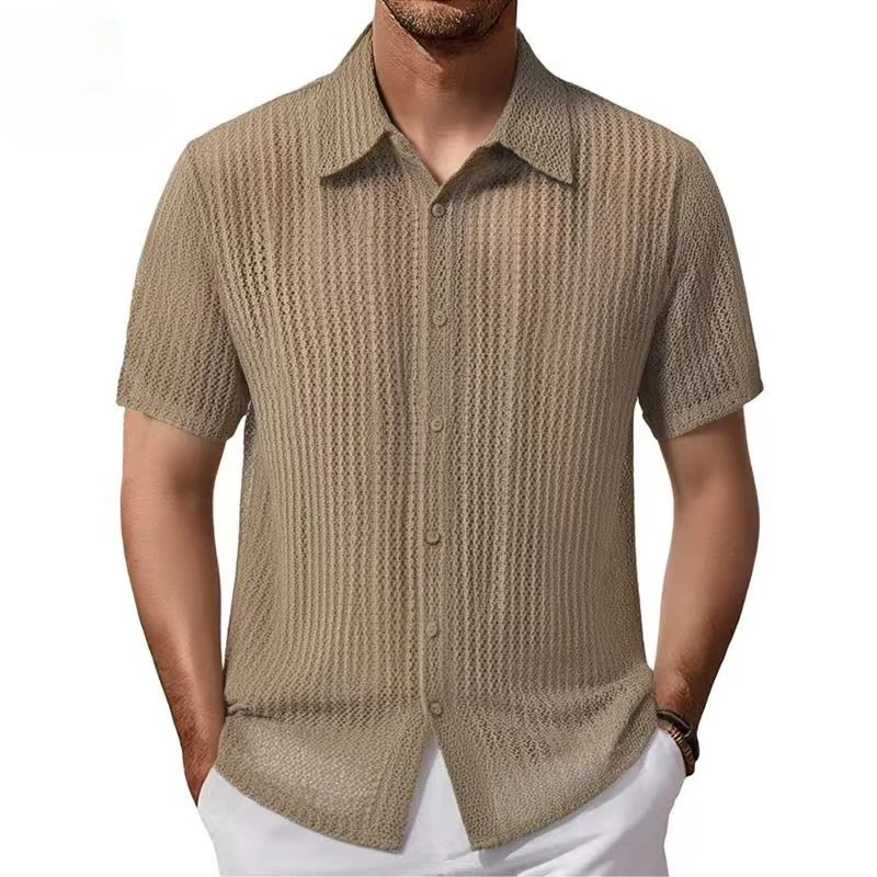 

Men's Khaki Solid Color Loose Short Sleeve Turn-down Collar Hollow Out Casual Simple Daily Shirts Summer Fashion Male Clothes