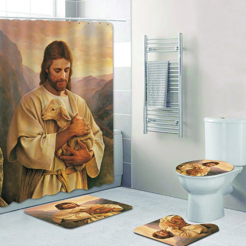 3D Art Painting The Good Shepherd Jesus Shower Curtain and Bath Rug Set for Bathroom Toilet Decor Bathtub Mats Rugs Accessories