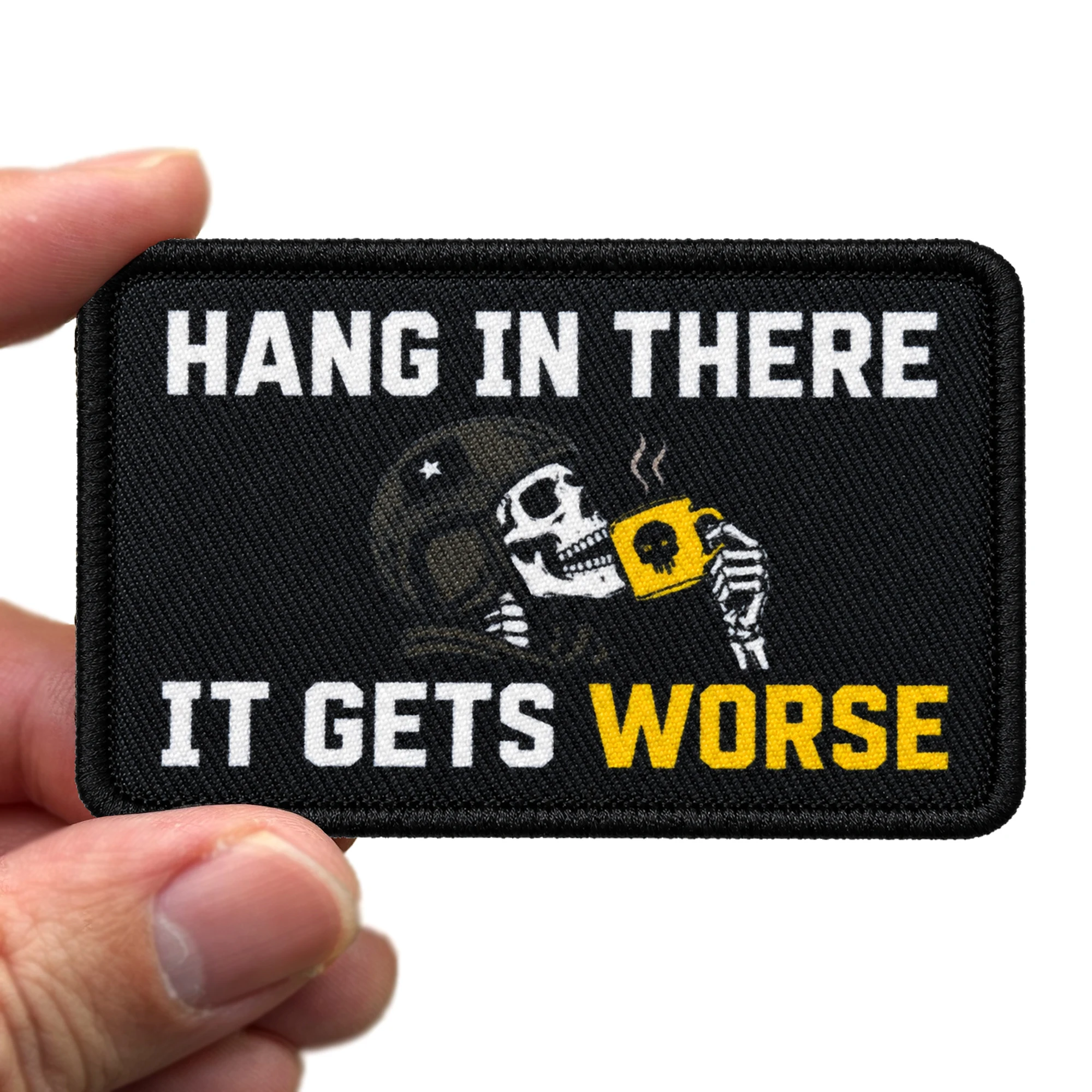 Funny Hang In There It Gets Worse Coffee-Drinking Skeleton Printed Patch with Hook and Loop Fastener Backing for Backpacks, Jack