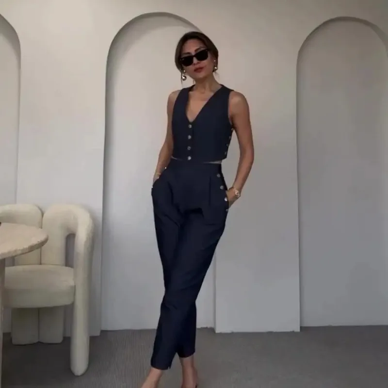 Deep V Vest Pants Suit Summer Casual Women Solid Color Elegant Style Buckle Design Vest Sleeveless Office Pants 2 Piece Set