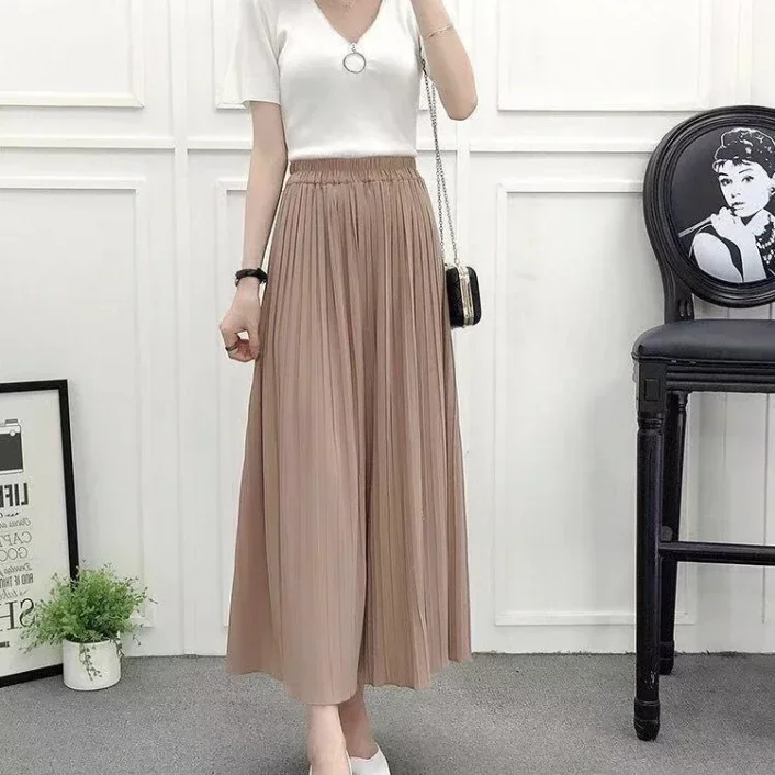 Sommer Neue frauen Hosen Koreanische Mode Feste Elastische Taille Gefaltete Lose Rock Hosen Plus Größe Casual Breite bein abgeschnitten Hosen – Detail 5