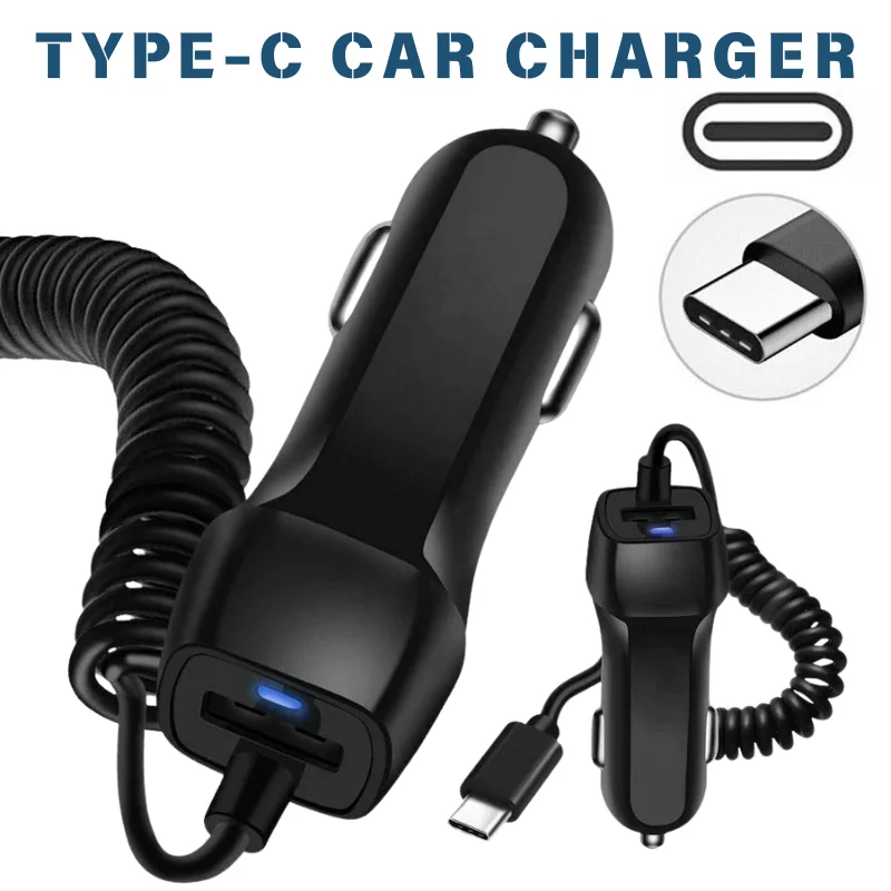 Dual Port Car Charger Built-in Stretch Coiled Type-C Cable 12V 24V Auto Cigarette Lighter Mobile Phone Charger Car Accessories