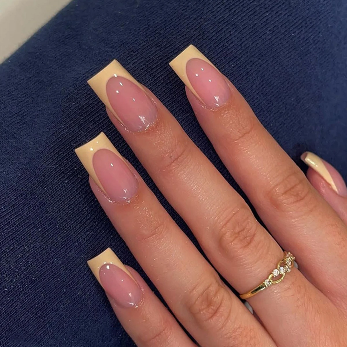 24Pcs Nude Pink Long Trapezoid Press On Nails, Beige French Tips Full Cover Acrylic Fake Nails with Jelly Glue & Nail File