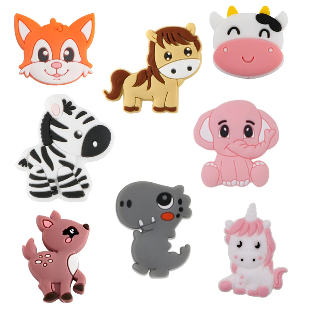 10Pcs Cartoon Animal Silicone Beads Horse Fox  Elephant Food Grade For Jewelry Pacifier Chain Making DIY Baby Toys