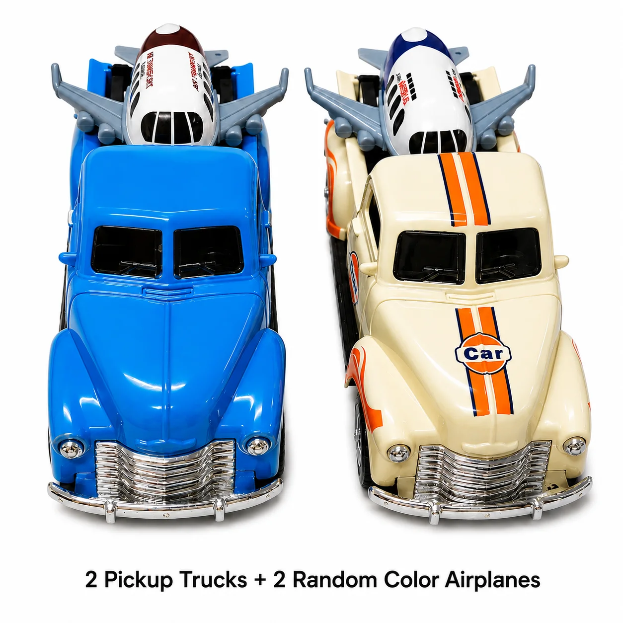 MQUDUO 4PCS Retro Pickup Truck and Airplane Toy Set, 2 Classic Cargo Vehicles with 2 Random Color Planes, Display Gift