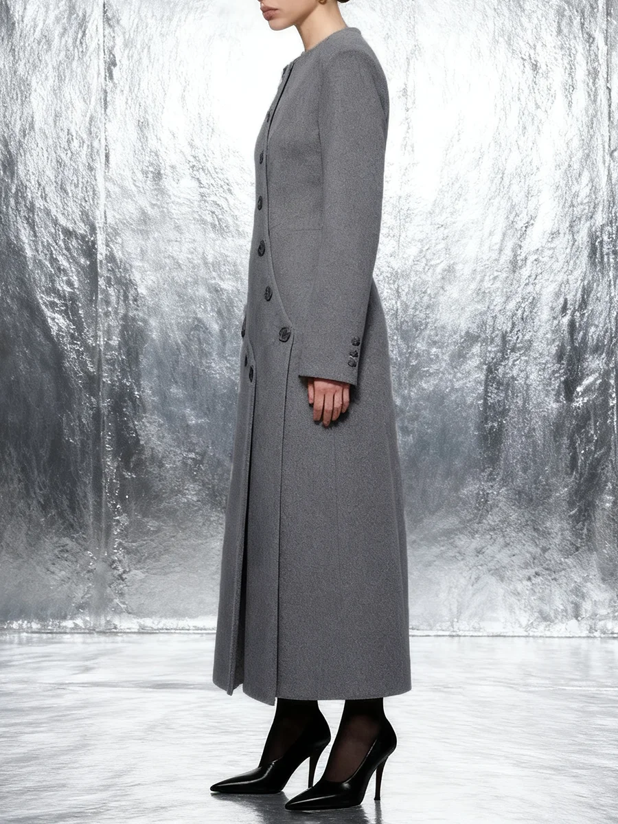 VGH French Style Solid Temperament Trench For Women Round Neck Long Sleeve Spliced Button Autumn Slimming Casual Coat Female New