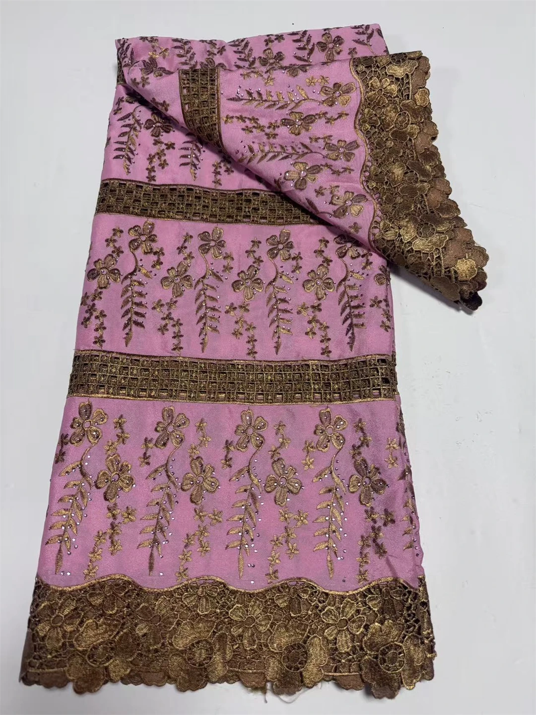 African Lace Fabric Burnt Orange Brown Gold Floral Embroidered Cotton Voile Rhinestones Scalloped Border for Dresses 5 Yards