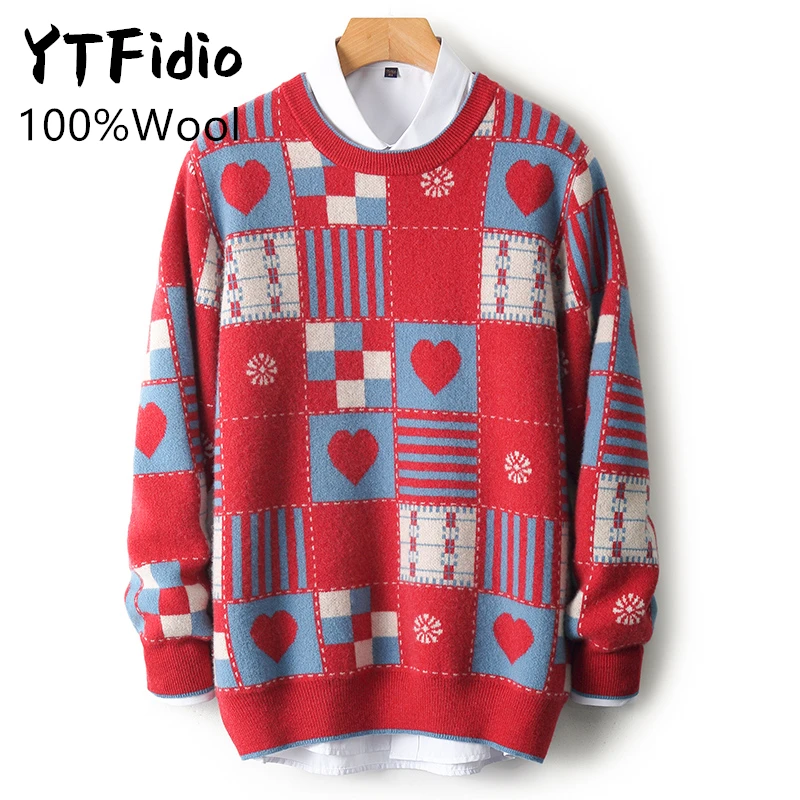 YTFidio 100% Wool Men's O-neck Pullover with Thickened Pattern and Heart New Year Knitwear Pullover Tops 185