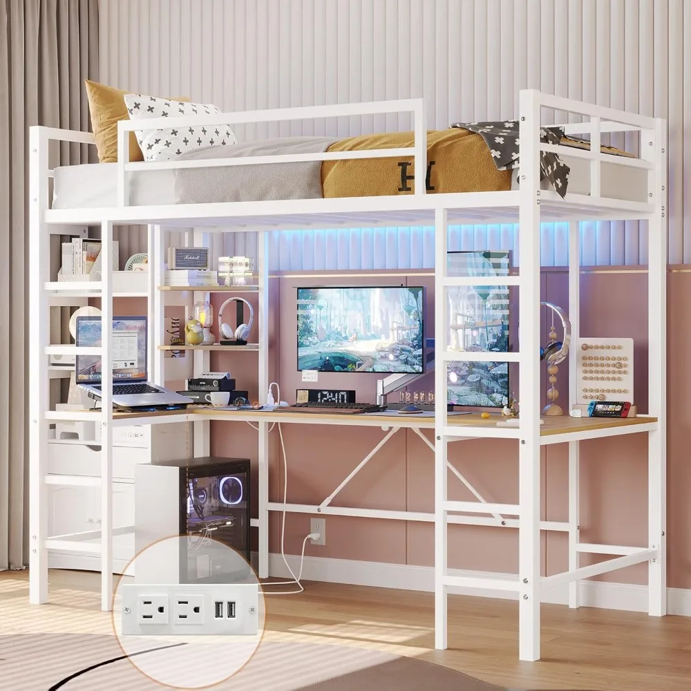 

Loft Bed Twin Size with U Shaped Desk and Led Lights Metal Twin Loft Led Bed Frame with Charging Station and Storage Shelves