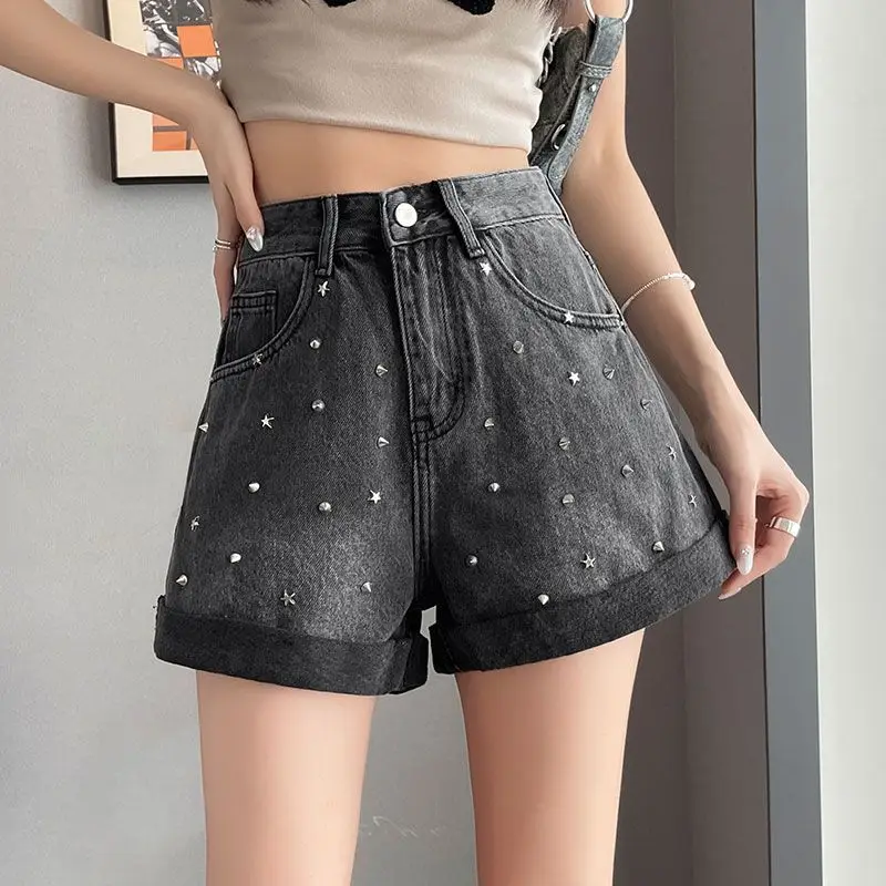 

Black Heavy-duty Perm Diamond Wide-leg Jeans for Women's Summer Washed Retro Curled High-waisted Shorts