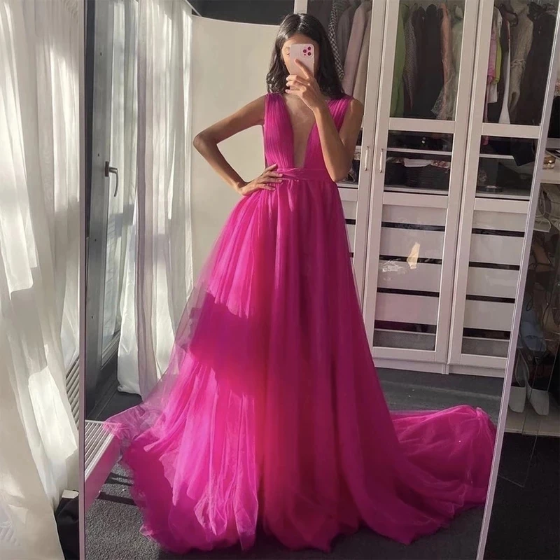 

Angelsbridep Sexy V-Neck Hot Pink Prom Dresses Pleats Evening Gown Lace-up Corset Back Vestido Formatura Longo Plus Size