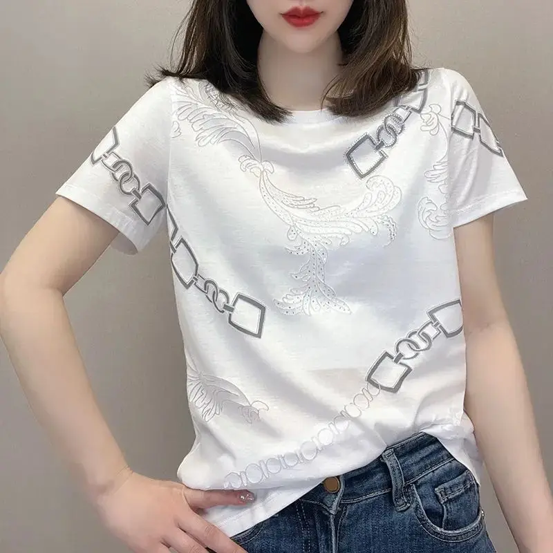 

2024 Summer Korean Fashion Round Neck Loose Casual Chain Printing Tee Women Short Sleeve All-match Pullover T-shirt Female Tee