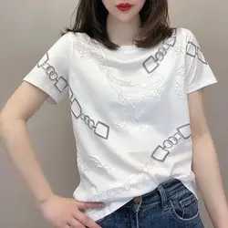 2024 Summer Korean Fashion Round Neck Loose Casual Chain Printing Tee Women Short Sleeve All-match Pullover T-shirt Female Tee