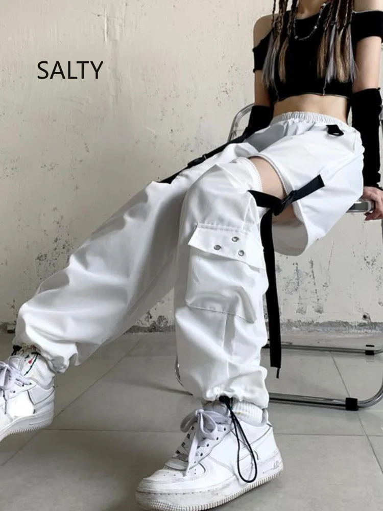 2026 Korean Y2k Pants Women's Casual Loose Solid High Waist Patchwork Hollow Out Draw String Punk Wide Leg Pant Woman