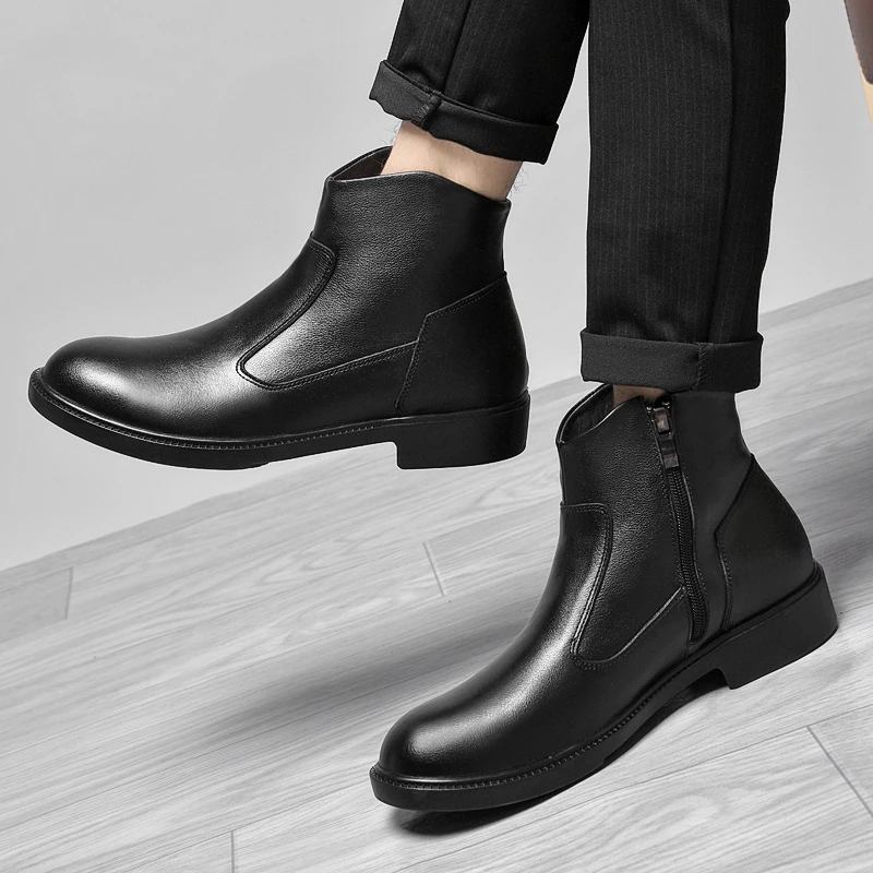 

Winter Velvet Lined Warm High Top Outdoor Snow Boots High-quality Leather Elegant Business Mens Boots Luxury Brand Chelsea Boots