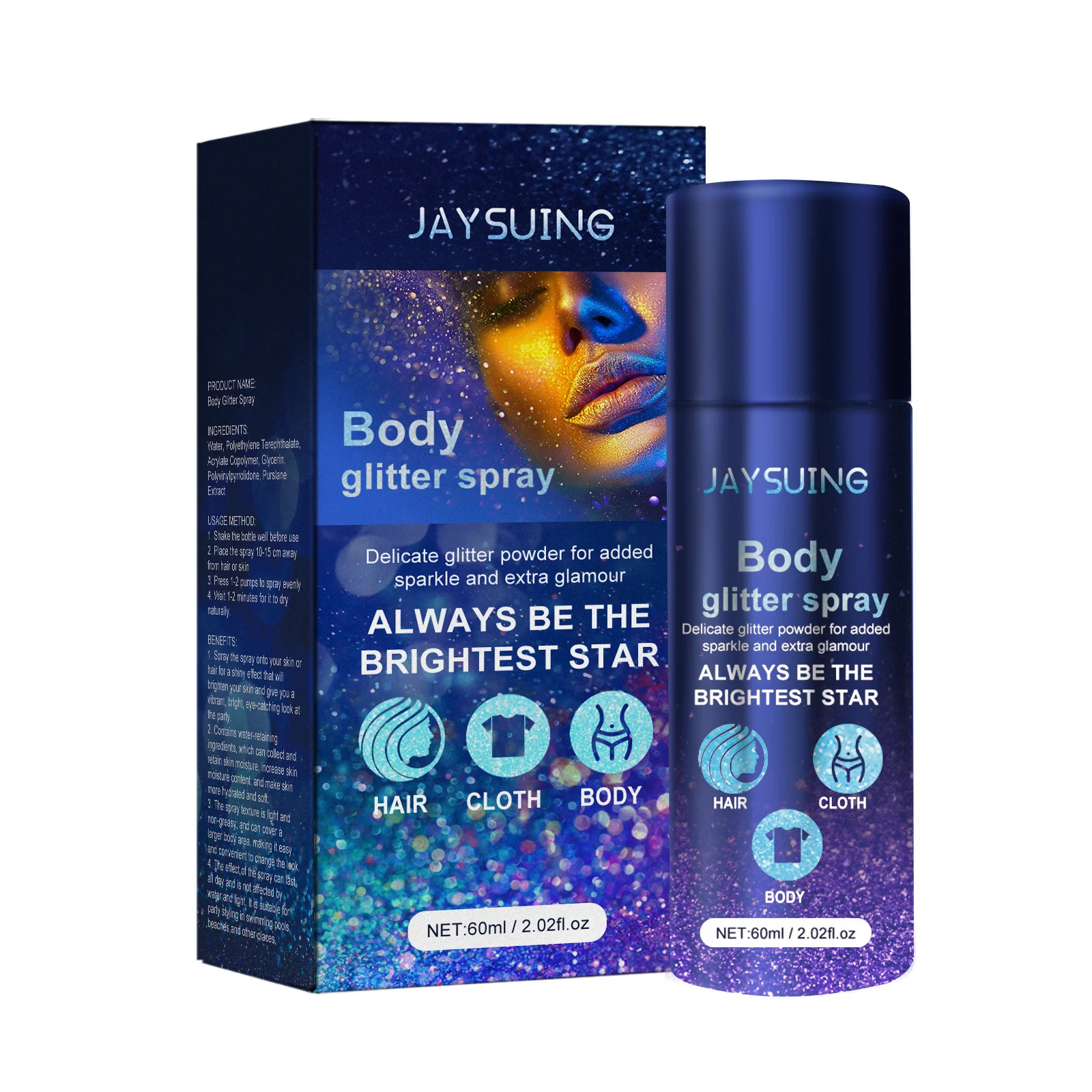 60ml Jaysuing Glitter Spray Facial Body Clavicle Hair Highlight Spray Evening Party Atmosphere Brightening Glitter Makeup