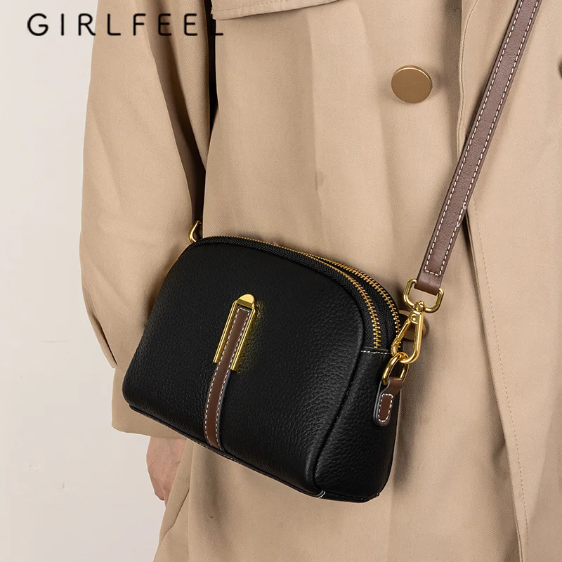 

Women's real leather high-grade shoulder square bag retro double zipper color collision diagonal cross commuting small backpack