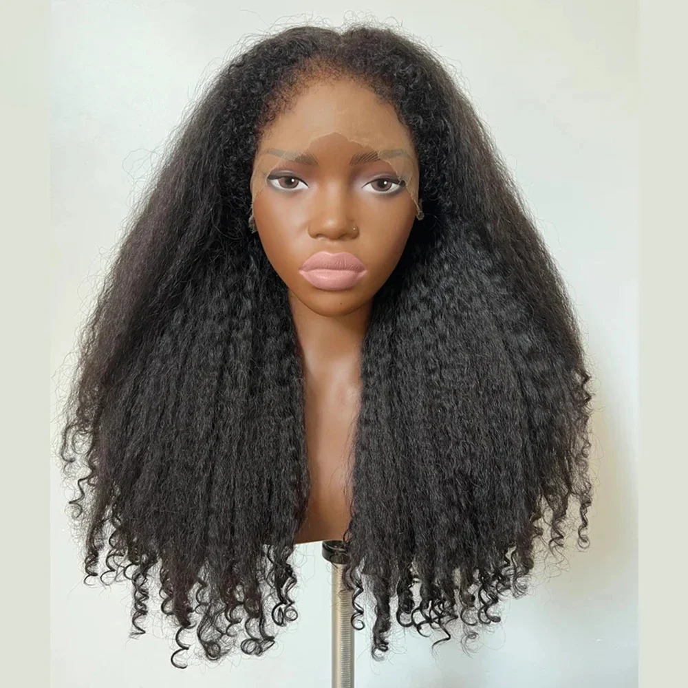 

Натуральный черный парик с эффектом Yaki Kinky Straight, без клея, 180% плотность, предварительно проработанный, длинный, 26 дюймов, с синтетическими волосами Baby Hair, на кружевной основе, для женщин