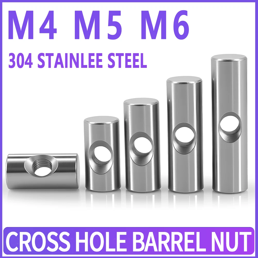 

304 Stainless Steel Cross Hole Barrel Nut M4 M5 M6 Cylindrical Pin Dowel Wood Furniture Accessories Embedded Locking Long Nuts