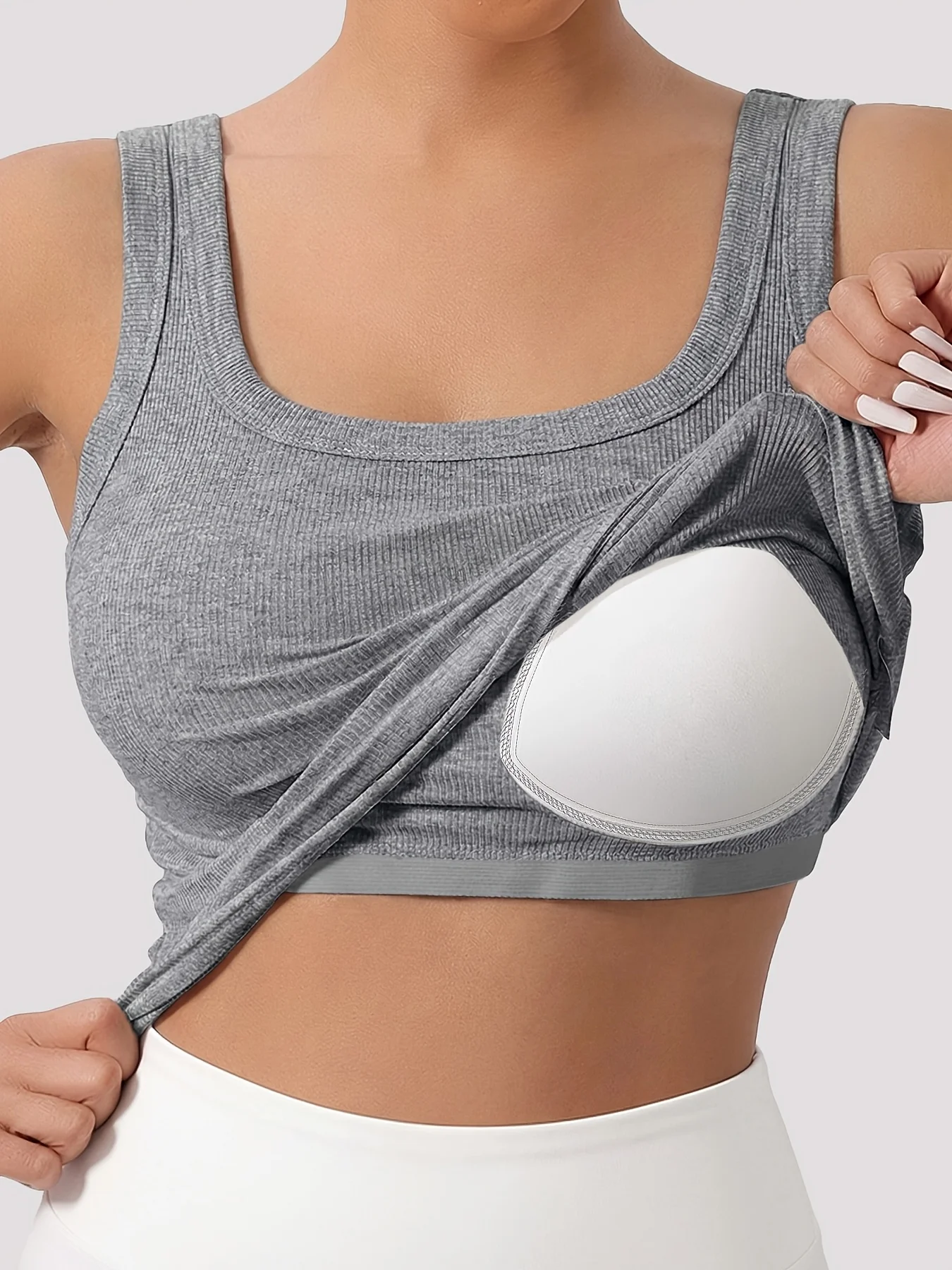 Women'S Tank Top with Built-In Padding, Featuring a Ribbed U-Neck Design, Suitable for Wearing As Outerwear Or Loungewear