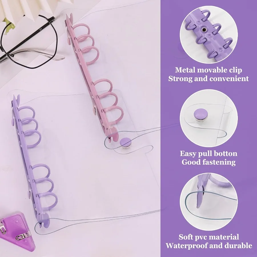 6 Pack PVC A6 Binder Transparent 6 Ring Binder Clear Soft PVC Notebook Cover Budget Planner Folder Cover with Sp Button