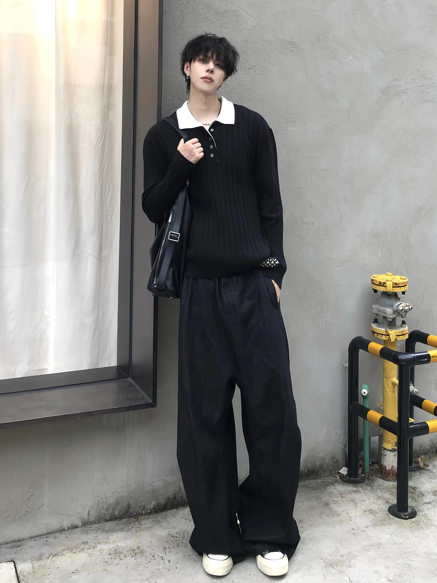 

Мужской вязаный свитер свободного кроя с двойным воротником в стиле Old Money, базовый слой для ношения под одеждой, черный, в стиле Lazy Fashion, модный брендовый осенний топ