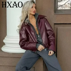 Hxao jaqueta feminina outerwears recortado jaqueta de couro falso outono manga longa borgonha bombardeiro jaquetas casual zíper jaqueta curta
