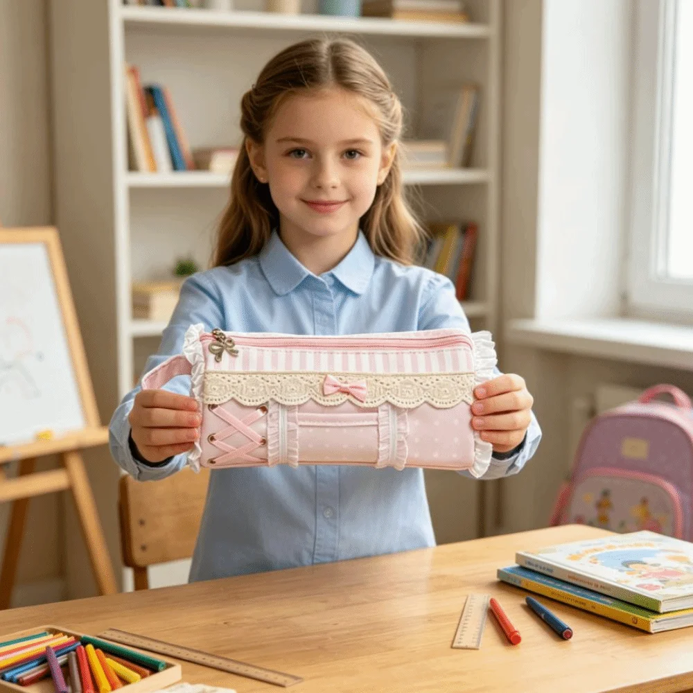 NEW Design Large Capacity Lace Pencil Case INS Style Pink Pencil Pouch Sweet Ruffle Stationery Pen Bag Gift Giving