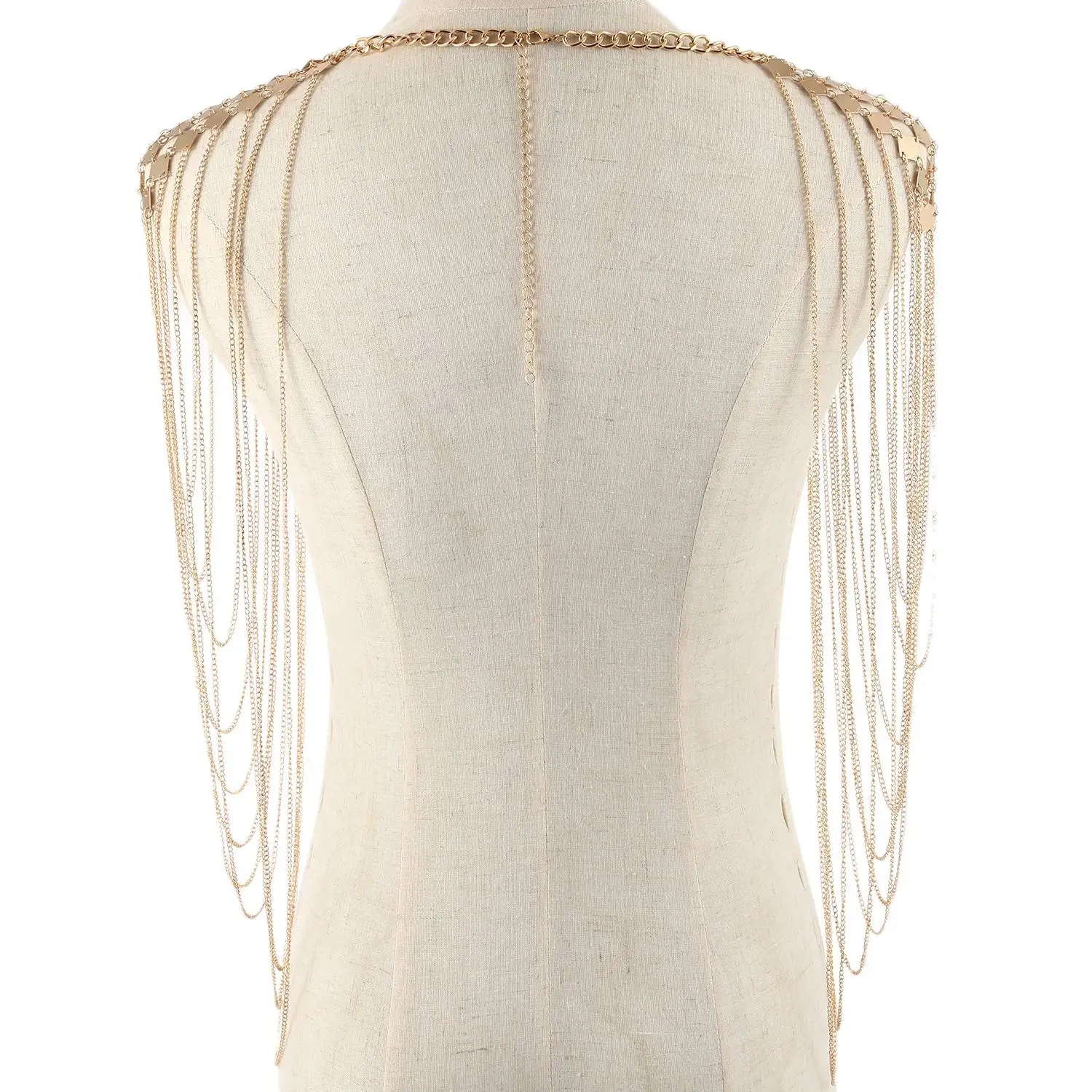 

ABQR Vintage Punk Harness Bikini Body Link Epaulet Shoulder Chain Necklace Collar Dangling Tassel gold