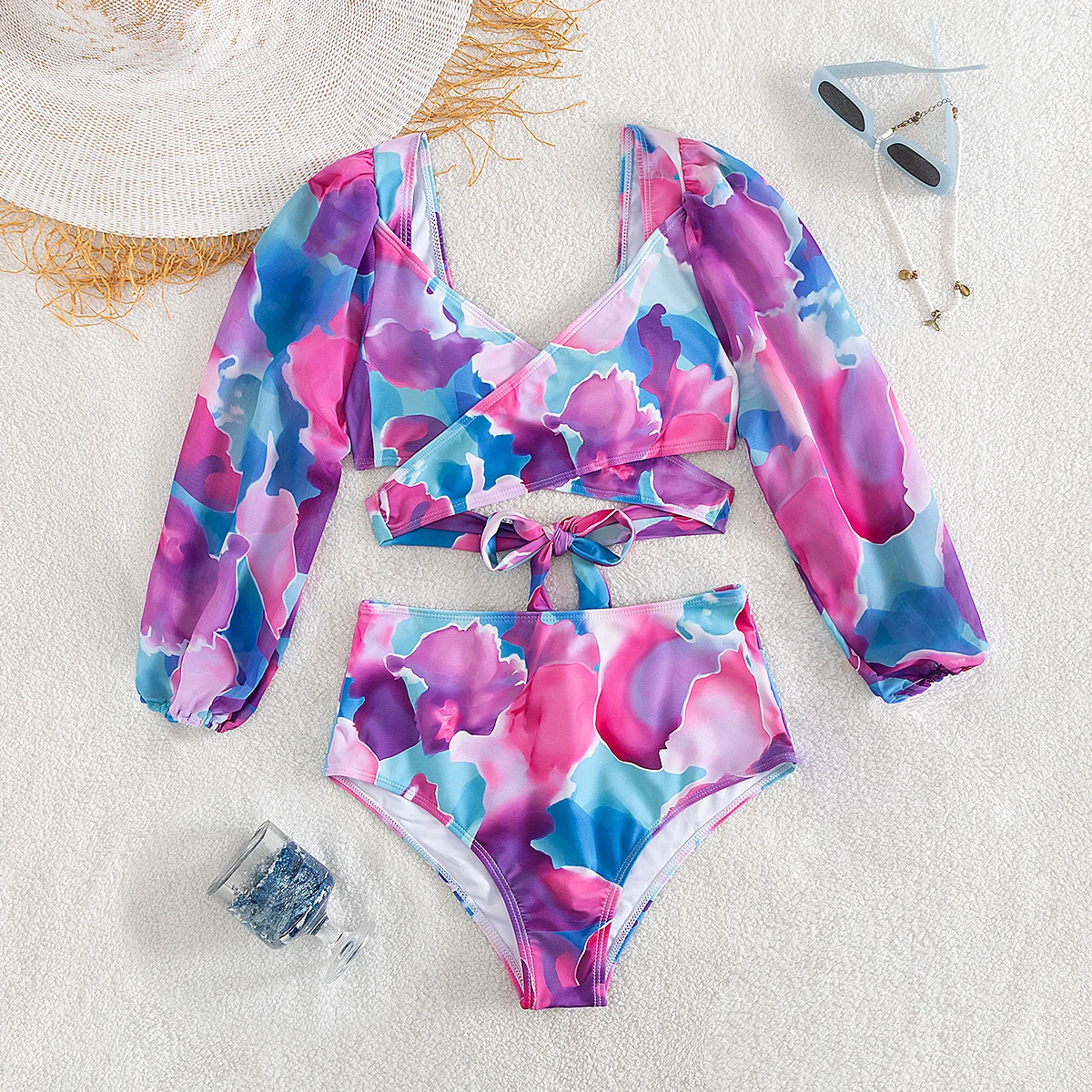 

2025 Purple floral print Bikini Set Gold Spike Rings Minimalist Design Perfect for Beach Wear and Pool Parties Summer Getaways