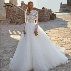 Liyuke Adorned With Shiny Floral Lace High Collar A-Line Wedding Dress Chic Sliky Tulle And Embroidery Lace Bridal Gowns