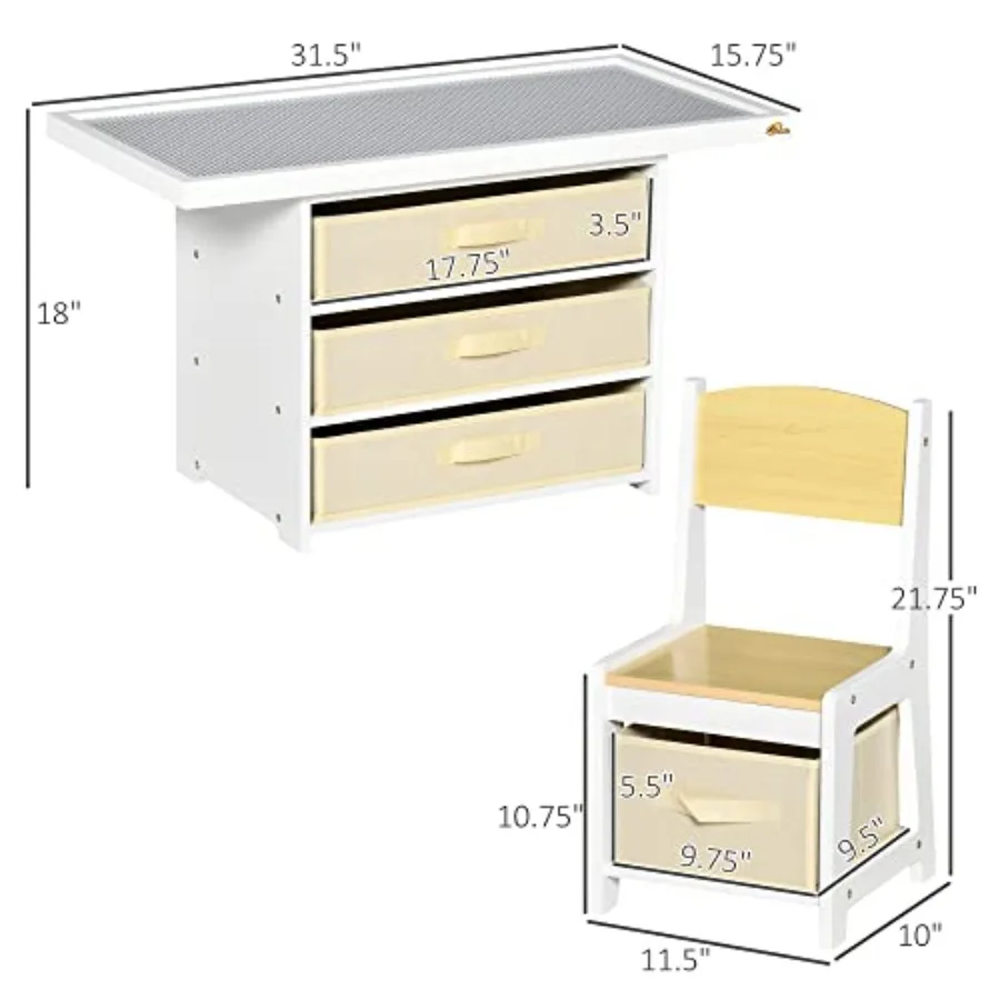 Qaba 3-in-1 activiteitentafel en stoelen set met 3 oppervlakken voor tekenen Lego Building Road Map met 2 auto's opbergmanden Waggel