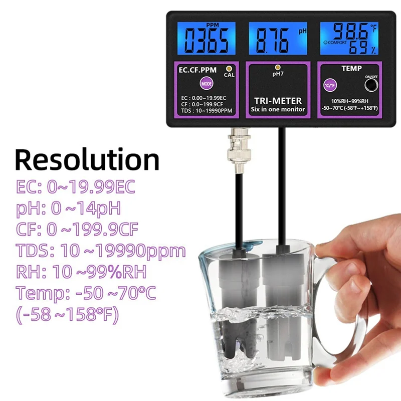 

【CLEARANCE】PH-116 6 In 1 Water Quality Tester Digital PH Meter PH/Temp/EC/CF/RH/TDS Monitor Water Detector For Pool EU Plug