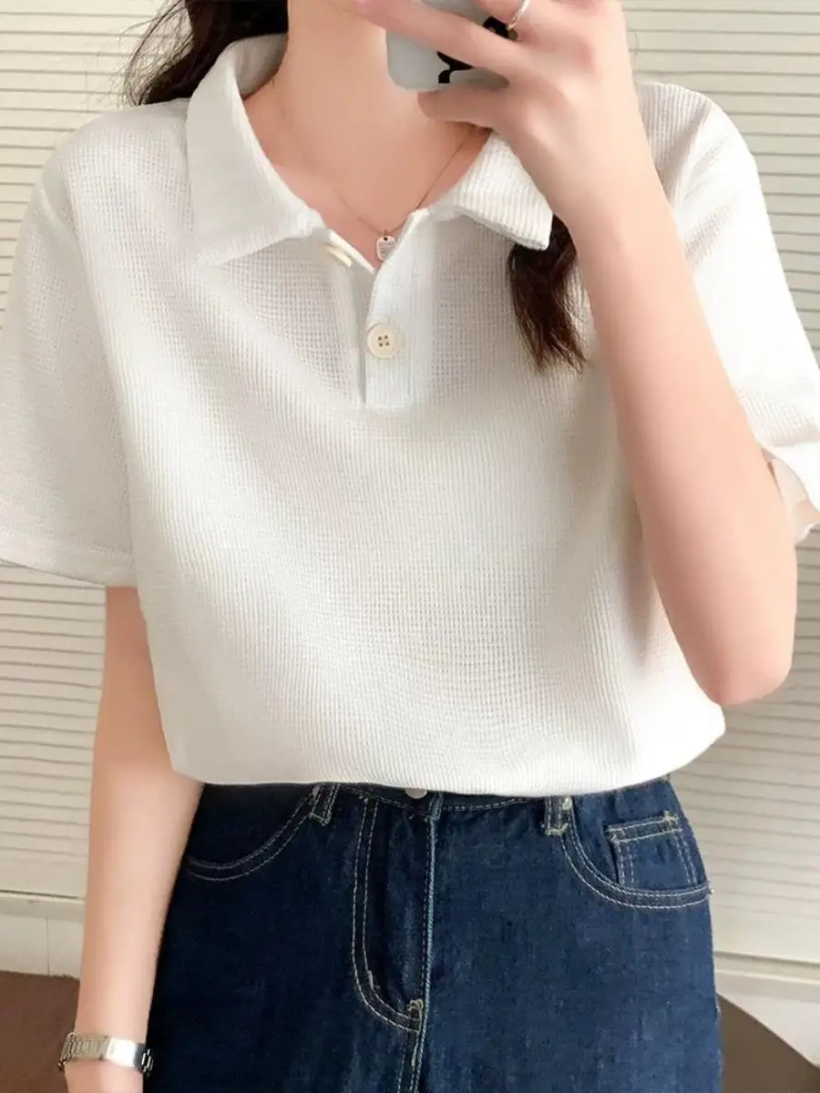 Women's Short Sleeve  Shirt T-Shirt Summer 2026 New Design Waffle Pattern Flip Mid-Aged And Elderly Clothing Accessories
