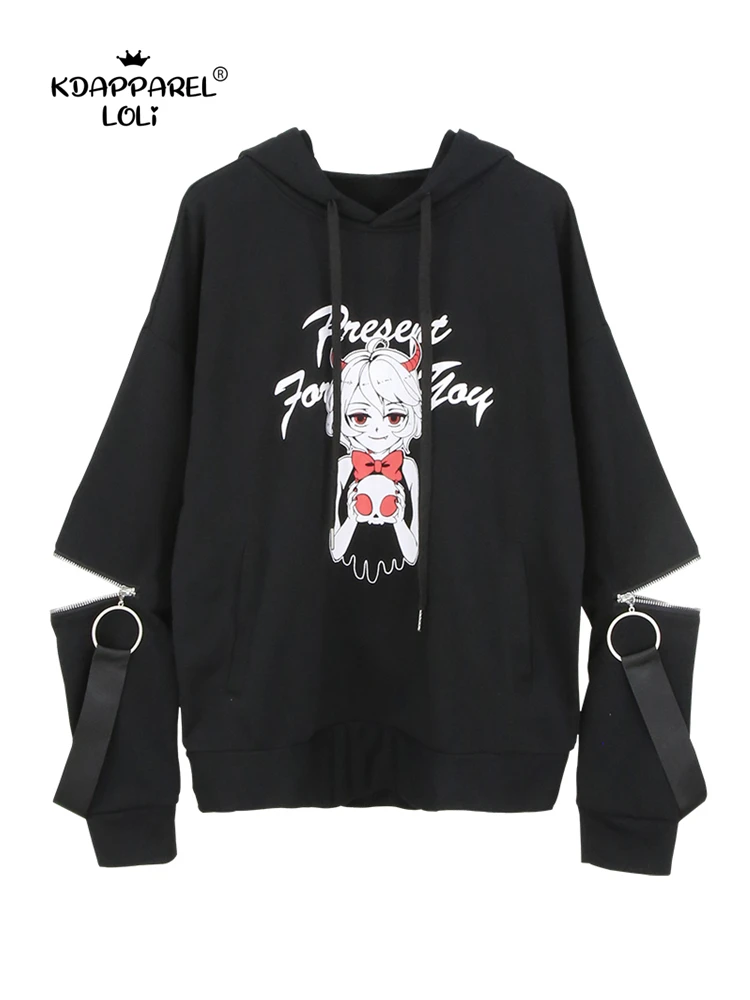 ขนาดใหญ่Hoodie Sweatshirtผู้หญิงสีดำเปิดยาวพร้อมซิปCool Darkเย็บสไตล์ฮาโลวีนDevil 'Sของขวัญ