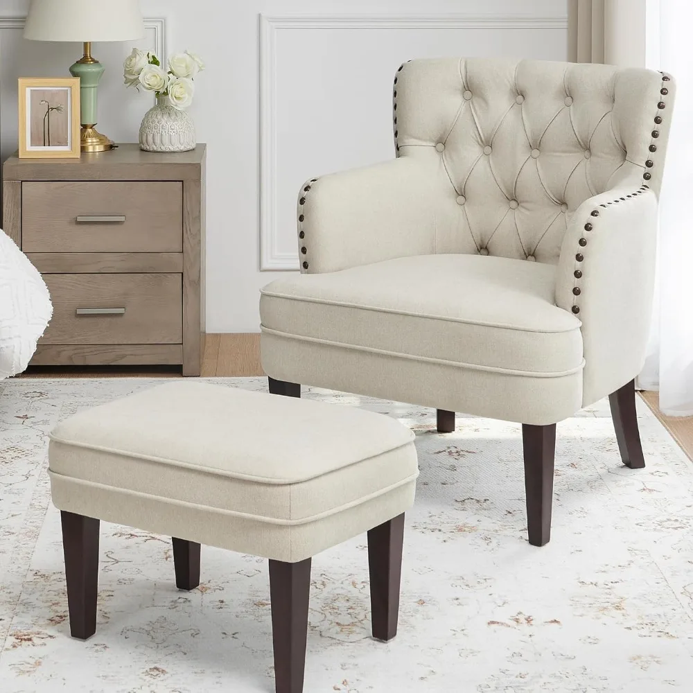 Tufted Beige Accent Chair with Ottoman and Vintage Brass Studs - For Living Room, Bedroom, Reception Room