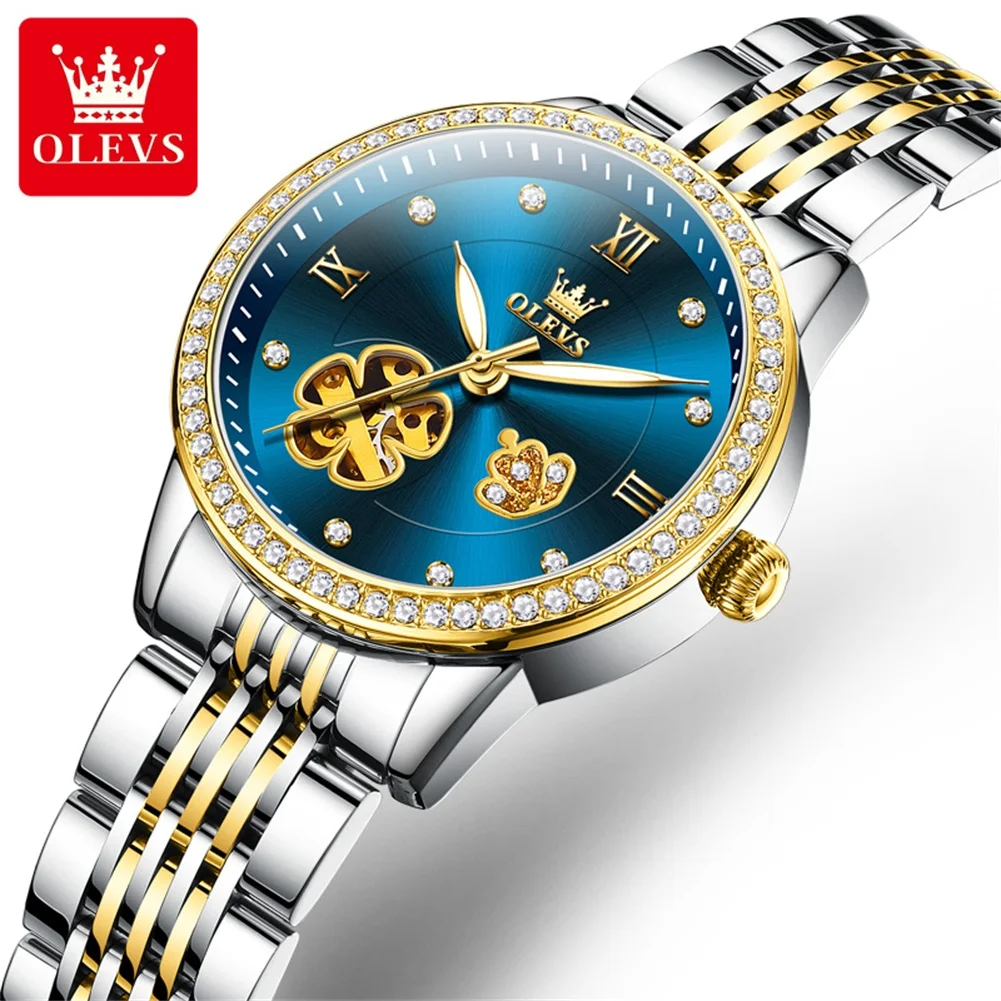 OLEVS 6706 New Hollow Automatic Watch For Women Flower Diamond Dial Mechanical Wrist Watches Waterproof Luxury Ladies Hand Clock