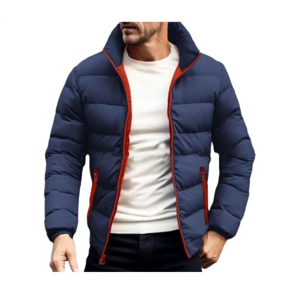 Jaqueta acolchoada puffer com gola de suporte para homens, fechamento completo com zíper, monocromático, bolsos laterais, engrossado, outono e inverno