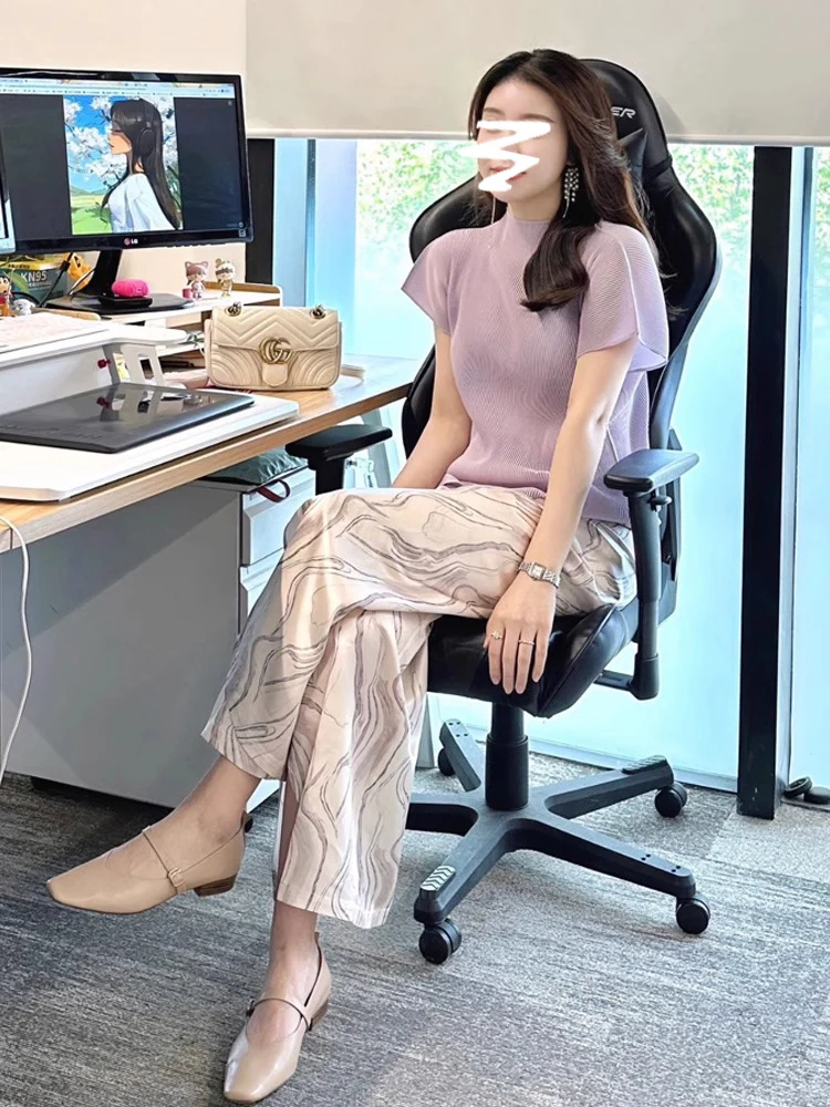 

Pure Color Pink Short Sleeve T-Shirt Simple Folded Design Summer Commute Style Loose Fit round Neck Regular Length Top