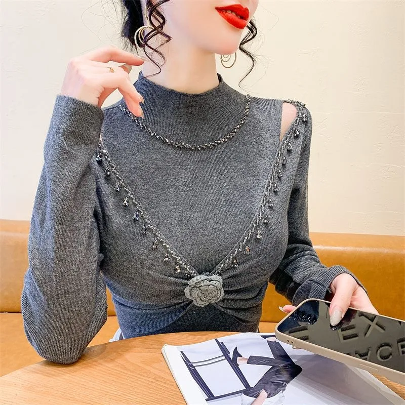 

Slim-fitting Design Versatile Semi-turtleneck Three-dimensional Flower Two-piece Knitted Sweater Off-the-shoulder Sweater Top