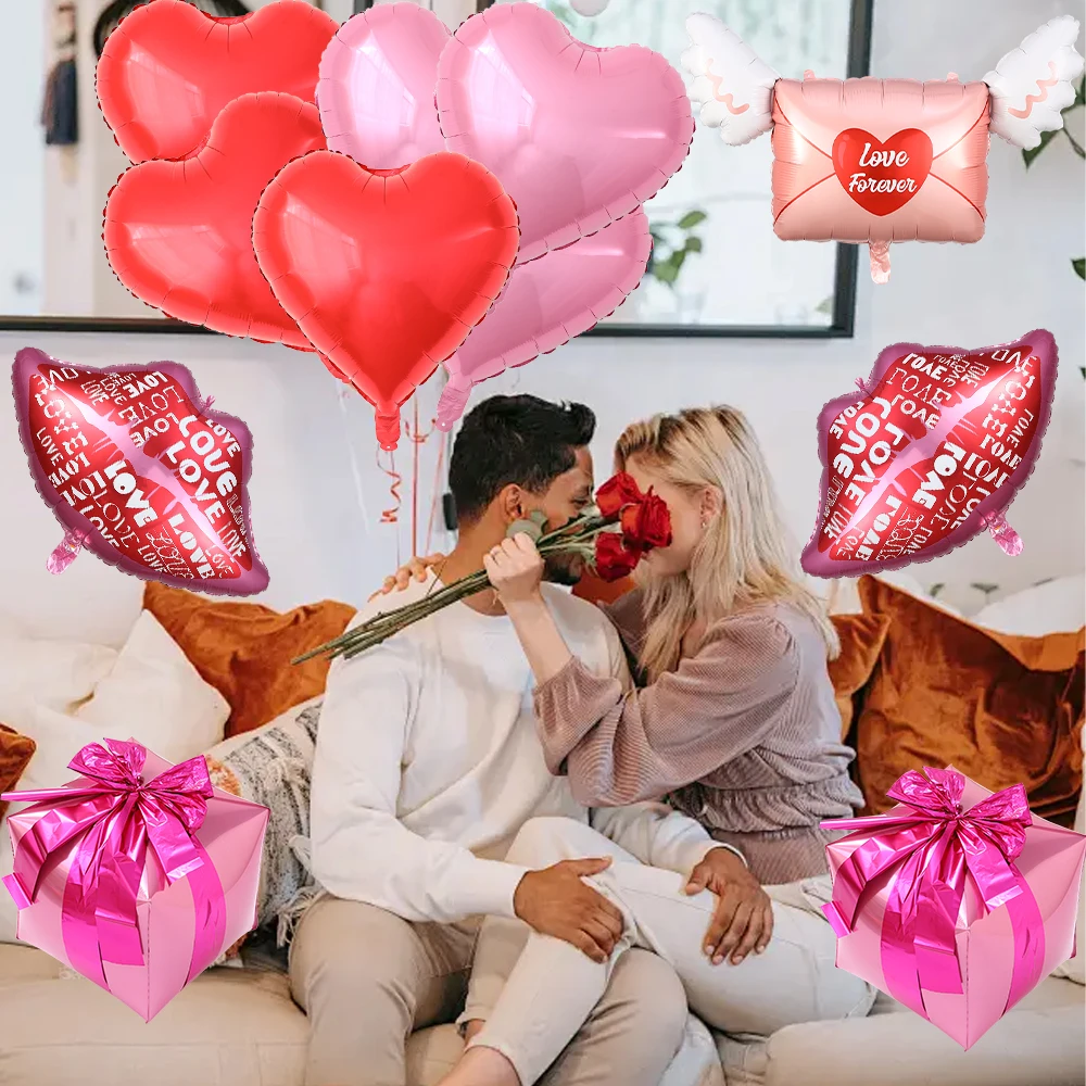 3/6Pcs Valentine's Day Decor Love Heart Gift Box Envelope Lip Foil Balloon Wedding Engagement Anniversary Party Supplies Globos