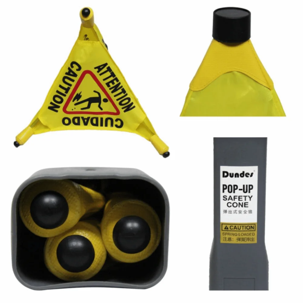 Triangular Cone-Shaped Caution Wet Floor Sign Wall Mounted Foldable Slippery When Wet Sign Pop-Up Design Multilingual